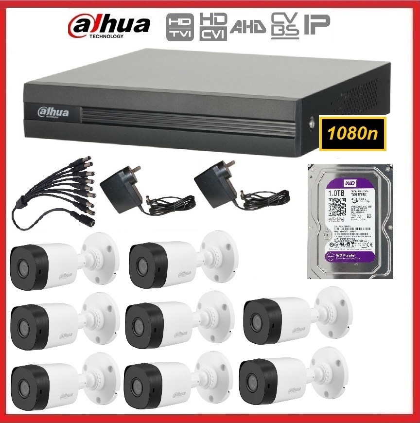 Kit DVR Dahua 8 canales 1B08 + 8 bullet exteriores Dahua 2MPX + disco