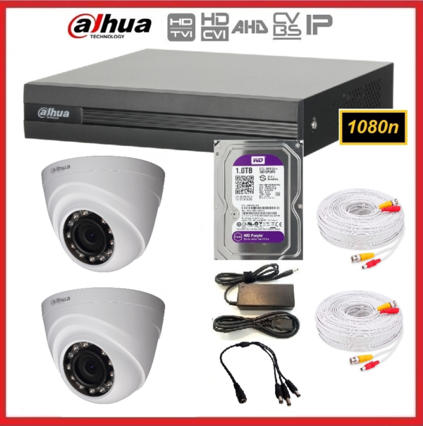 Kit DVR Dahua 4 canales modelo 1B04 + 2 camaras 2MPX interiores + Disco