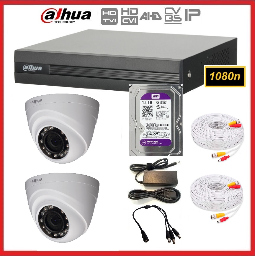 Kit DVR Dahua 4 canales modelo 1B04 + 2 camaras 2MPX interiores + Disco