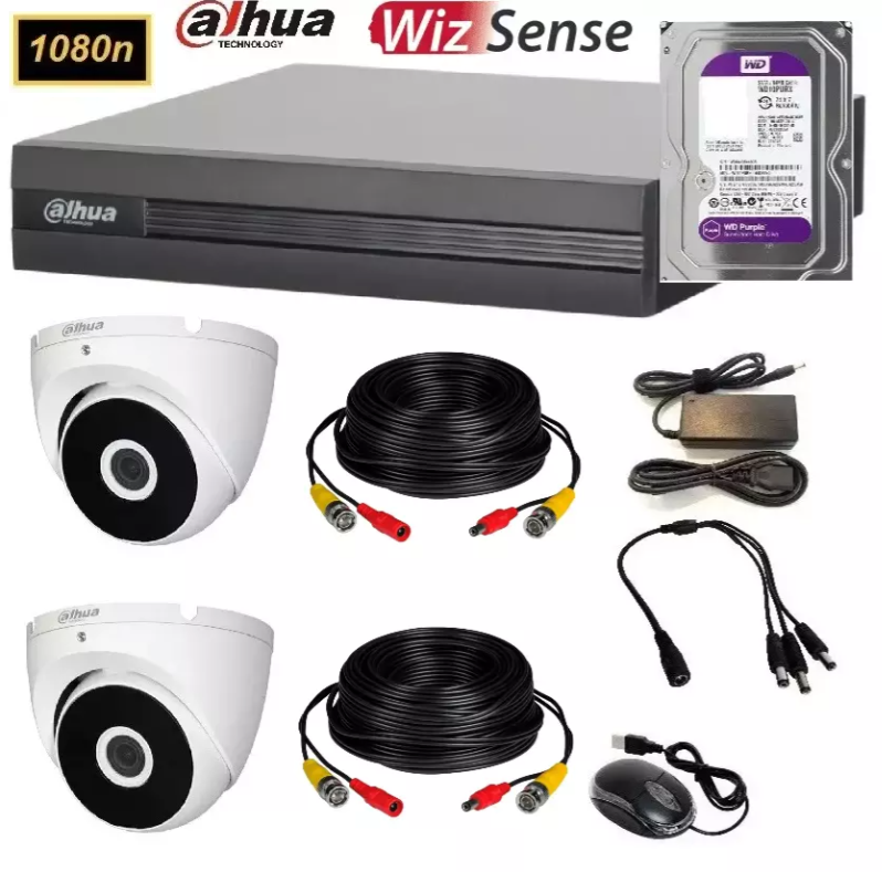 Kit DVR Dahua 4 canales Full Hd + 2 camaras domo metalicas exteriores 2MPX + Disco + Cables