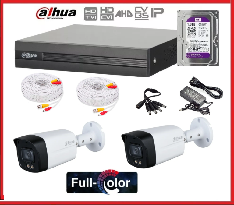 Kit DVR Dahua 4 canales 1A04 + 2 bullet exteriores FULL COLOR 2MPX + Disco y Cables Infinity