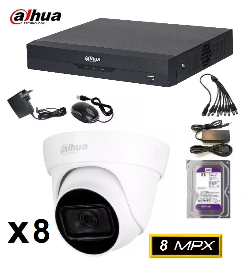 Kit DVR Dahua 8 canales + 8 camaras 8 MPX Dahua exterior + Disco Infinity Seguridad