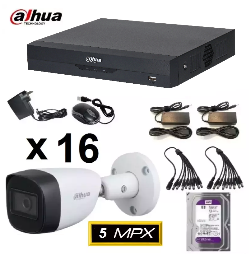 Kit DVR Dahua16 canales + 16 camaras 5MPX + Disco 2TB y fuentes