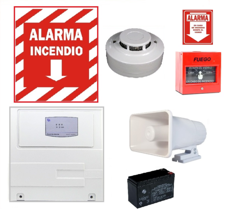 Kit alarma contra incendio. Sensor humo, Pulsador, bateria, sirena ...